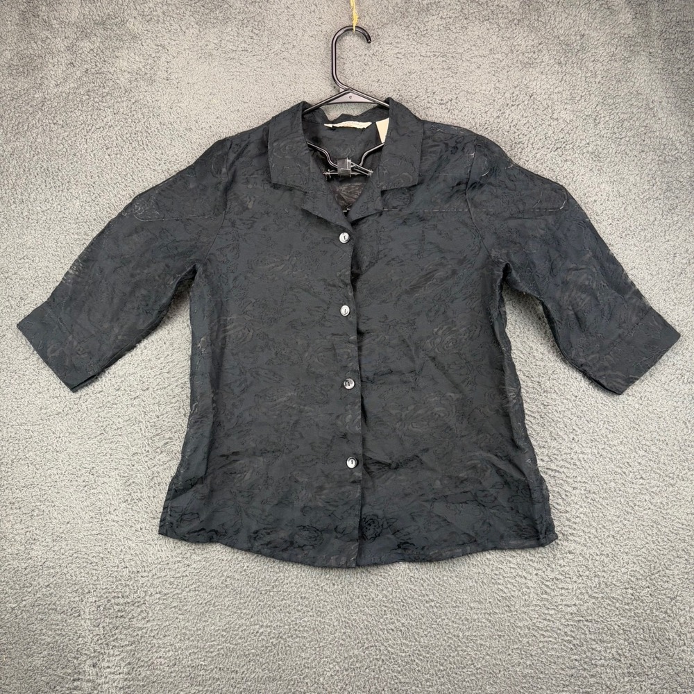 French Laundry Petite PM Black Sheer Burnout Floral Rose Button Up Shirt Blouse